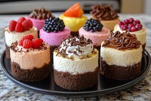 Mini cheesecakes displayed on a black plate are decorated with various toppings photo