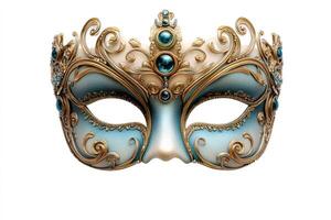 Venetian carnival mask with gold decorations and blue gems is posing on white background photo