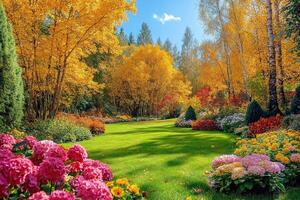 Blooming flowers and colorful trees flourishing in autumn botanical garden photo