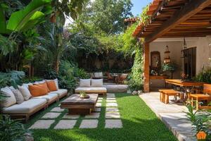 Luxurious patio with comfortable seating in tropical garden setting photo