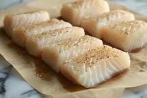 Fresh cod fillets seasoned and ready for baking on parchment paper photo