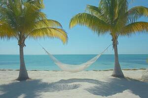 White hammock hanging between two palm trees on tropical beach photo
