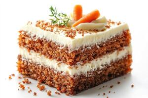 Delicious slice of carrot cake decorated with marzipan carrots and cream cheese frosting photo