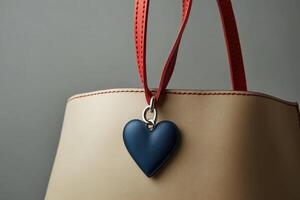 Blue leather heart hanging from red string on leather bag photo
