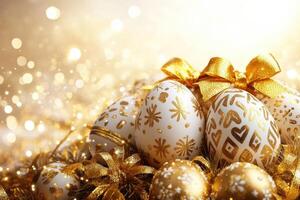Easter eggs decorated with gold and white patterns and golden ribbon bows on sparkling background photo