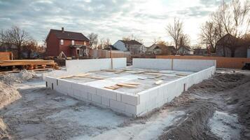 Construction site shows foundation walls being built with concrete blocks photo