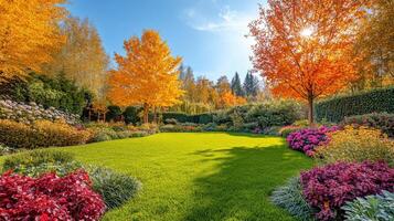 Beautiful autumn garden with colorful trees and lush green grass shining in sunlight photo