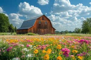 Wooden barn rising above a colorful field of wildflowers under a cloudy blue sky photo