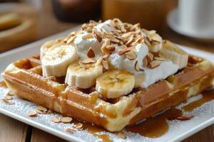 Delicious waffle with whipped cream, sliced banana and almonds drizzled with caramel sauce photo