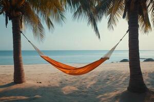 Orange hammock hanging between two palm trees on tropical beach photo
