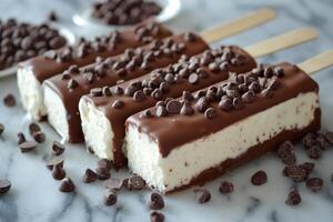 Delicious ice cream popsicles covered with chocolate and chocolate chips on marble surface photo