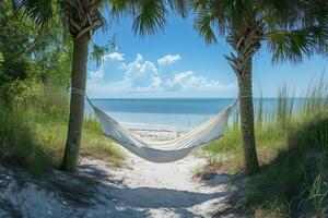 White hammock hanging between two palm trees on tropical beach photo