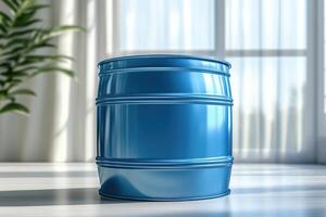 Shiny blue metal barrel standing on floor in room with plants and window photo