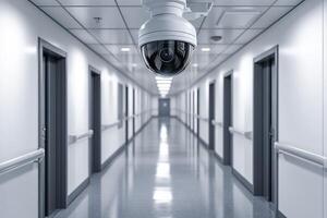 Security camera monitoring long white corridor with doors photo