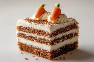 Delicious slice of carrot cake decorated with marzipan carrots and cream cheese frosting photo