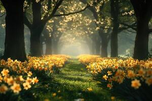 Daffodils blooming along path through forest in spring sunlight photo