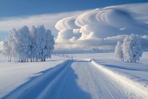 Snowy road leading through frosted trees and rolling hills under a lenticular cloud formation photo