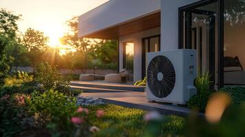 Modern house with heat pump installed in garden, providing sustainable energy photo