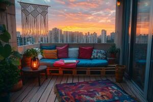 Cozy balcony overlooking city during sunset with macrame wall hanging and colorful cushions photo