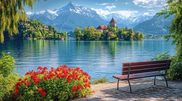 Oberhofen castle reflecting on thun lake, switzerland, with bench and flowers during spring photo