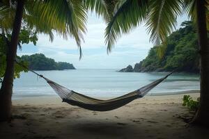 Hammock relaxing on tropical beach with palm trees and turquoise water photo