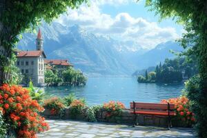 Bench overlooking picturesque village on lake como with stunning mountain views photo