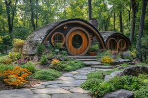 Amazing hobbit style house emerging from a lush green forest photo