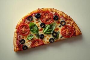 Delicious pizza slice with tomatoes, olives, and basil resting on white background photo