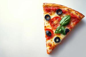 Single slice of pizza with tomato, mozzarella, basil and black olives on a white background photo