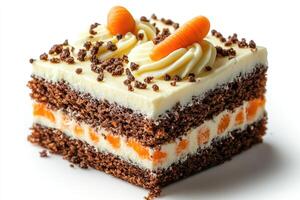Delicious slice of carrot cake decorated with marzipan carrots and cream cheese frosting photo