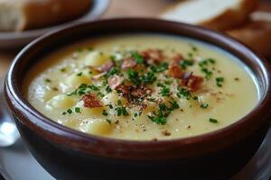 Creamy potato soup garnished with bacon and chives in rustic bowl photo