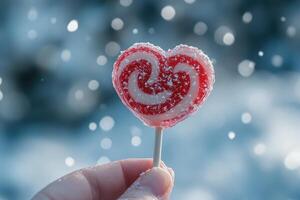 Woman holding red heart-shaped lollipop while snowing photo