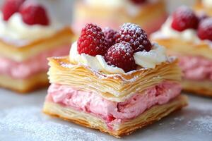 Delicious raspberry and cream napoleon dessert showing flaky pastry layers photo