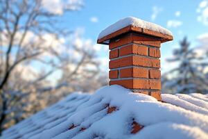 Brick chimney covered with snow on a winter day photo