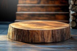 Empty round wooden chopping board displaying products on rustic table photo