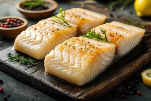 Delicious pan seared cod fillets with rosemary and lemon on a plate photo