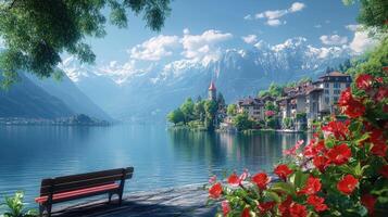 Breathtaking scenery of lake thun with interlaken city, switzerland, reflected in calm water on sunny summer day photo