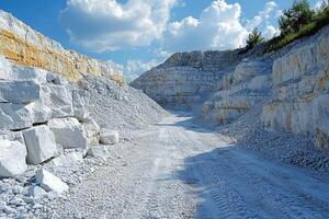 Limestone quarry with excavator tracks under blue sky and white clouds photo