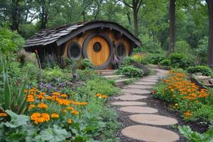 Cozy hobbit house nestled in a lush garden setting with stone path leading to the entrance photo