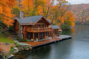 Luxurious log cabin overlooking serene lake in autumn scenery photo