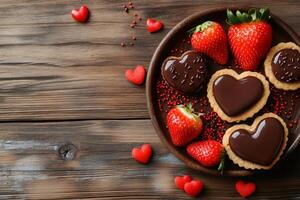 Heart shaped chocolate cookies and strawberries celebrating valentine's day photo