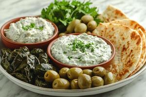 Spinach and feta dip sharing platter with pita bread photo
