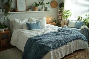 Cozy bedroom decorated with houseplants creating relaxing atmosphere. photo
