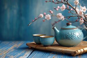 Turquoise teapot and two cups resting on bamboo tray with cherry blossom branch photo
