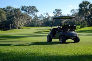 Golf cart parked on a beautiful golf course on a sunny day photo