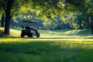 Golf cart parked near trees on a beautiful golf course during a sunny morning photo