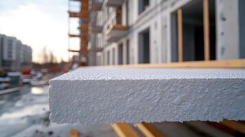 Close-up of extruded polystyrene foam board insulating building under construction photo