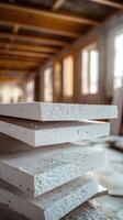 Stack of polystyrene insulation boards preparing for house construction. photo