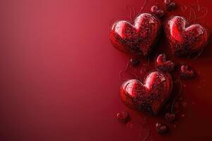 Red sparkling hearts hanging on a string lights creating romantic atmosphere. photo