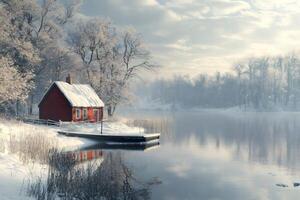 Red wooden cabin reflecting on a tranquil frozen lake in winter wonderland photo